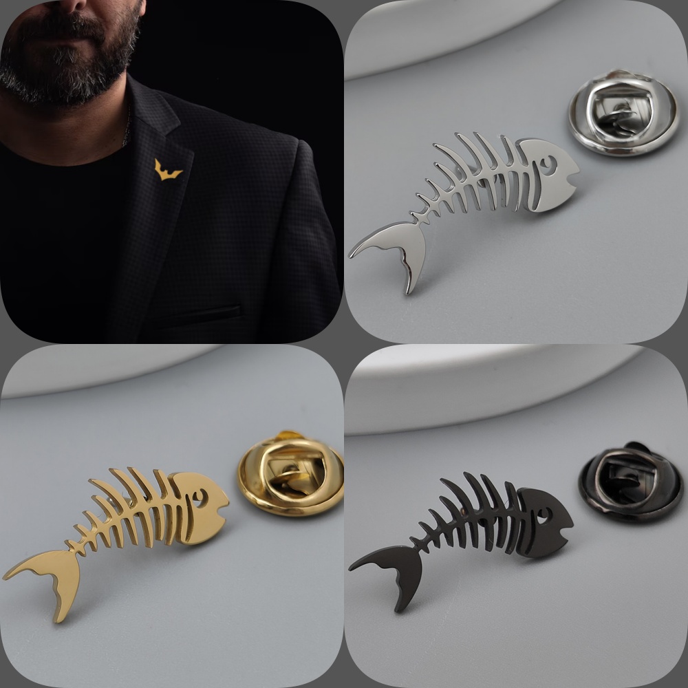 Men'S Accessories Gift Set Branded - Yaratıcı balık kılçığı altın kaplama rozet,